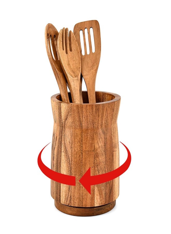 Kimona Utensil Crocks Acacia Wood Kitchen Utensil Holder, for Countertop, Farmhouse Kitchen Décor (6'' X 6'' X 7'') - Image 3